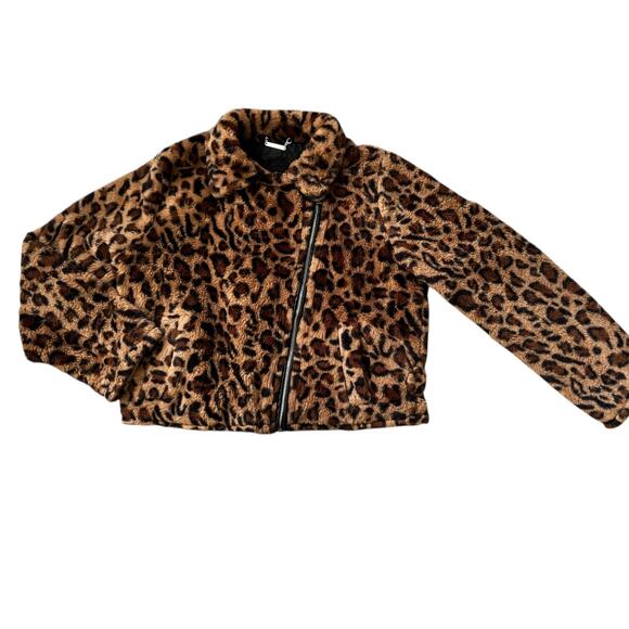 JouJou Short Tan/Brown Cheetah Print Faux Fur Jacket Womens Size L - Picture 1 of 10
